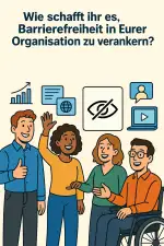 Vier Personen, eine davon im Rollstuhl freuen sich. Über ihnen sind Diagramme, Monitore, das Internet und ein durchgestrichenes Auge angedeutet.