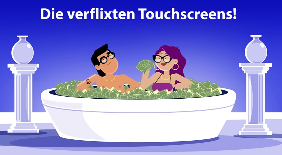 Diese verflixten Touchscreens - Ein Mann und eine Frau liegen in einem luxuriösen Schaumbad