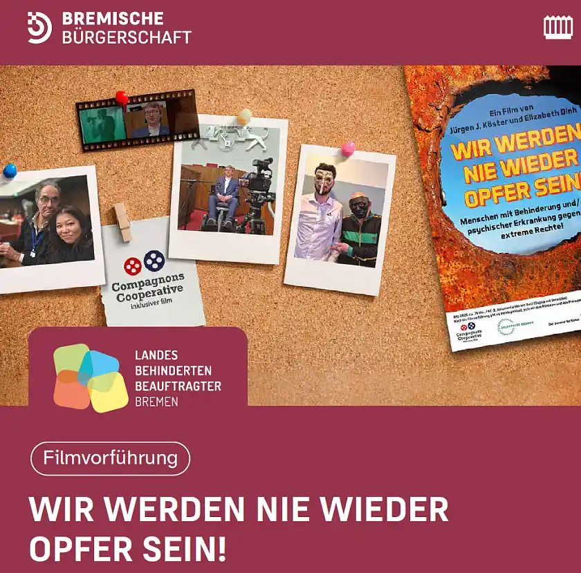 Ankündigung Filmvorführung: Eine Pinnwand mit dem Plakat und Standbildern aus dem Film