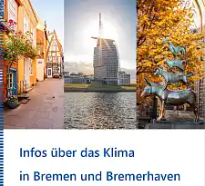 Das Titelbild des Klimaberichts, Schnoor, Sail City Hotel und die Bremer Stadtmusikanten