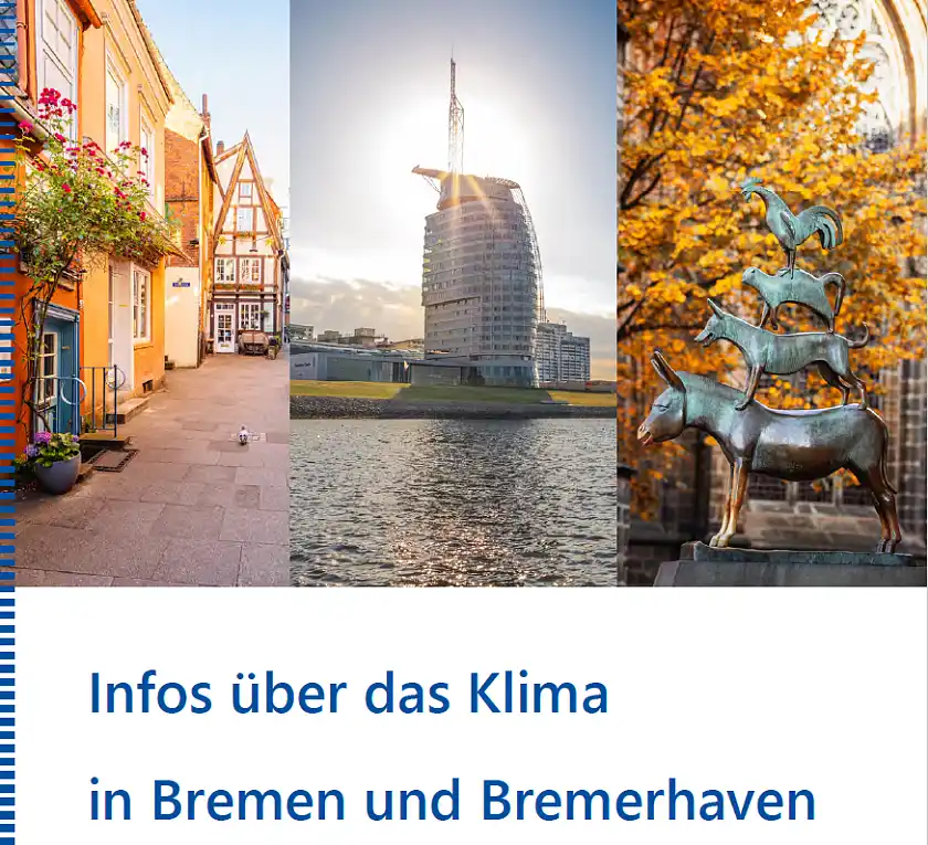 Das Titelbild des Klimaberichts, Schnoor, Sail City Hotel und die Bremer Stadtmusikanten