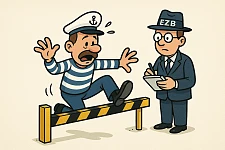 Cartoon: Ein Matrose stolpert über eine Barriere. Ein Mann mit einem Hut, auf dem EzB steht - für Erklärung zur Barrierefreiheit - notiert das.