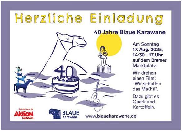 Einladung zur Veranstaltung 40 Jahre blaue Karawane -  Wir drehen einen Film: Wir schaffen das Ma(h)l Dazu gibt es Quark und Kartoffeln.