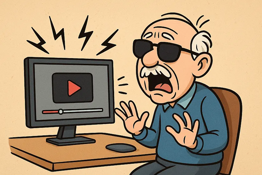 Ein Mann erschreckt sich, weil ein Video plötzlich laut losspielt