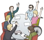 Mehrere Personen sitzen an einem Tisch. Es findet eine Abstimmung statt. Das Bild ist durch-gestrichen