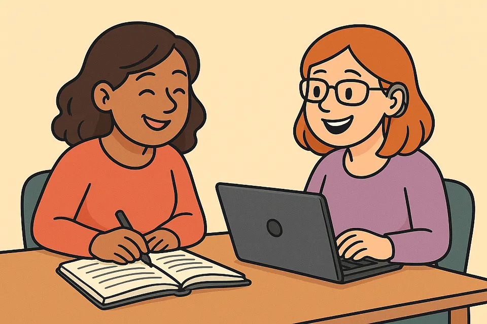 Cartoon: Zwei Frauen lernen gemeinsam, die eine trägt ein Hörgerät, die andere ist möglicherweise sehbeeinträchtigt