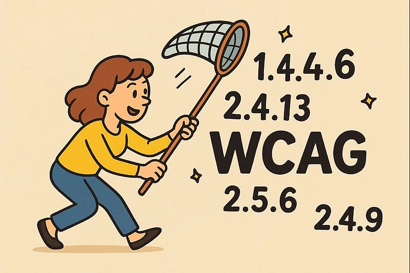 Eine Frau versucht mit einem Schmettelingsnetz WCAG Kriterien einzufangen