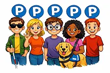 5 stereotype Personas, die nebeneinander stehen und jeweils ein P über dem Kopf schweben haben. Eine Person ist blind, eine andere gehörlos, eine trägt eine große Brille, eine hat einen Asistenzhund, eine hat nur einen Arm. Alle sind gut gelaunt.