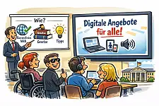 Eine Person erklärt vor einer Präsentation, wie digitale Angebote barrierefrei gestaltet werden können. Auf den Tafeln stehen Begriffe wie Barrierefreies Web, Gesetze und Tipps sowie Digitale Angebote für alle. Im Publikum sitzen verschiedene Menschen, darunter eine Person im Rollstuhl, eine Person mit Blindenstock und eine Person mit Kopfhörern. Alle nutzen gemeinsam digitale Geräte.