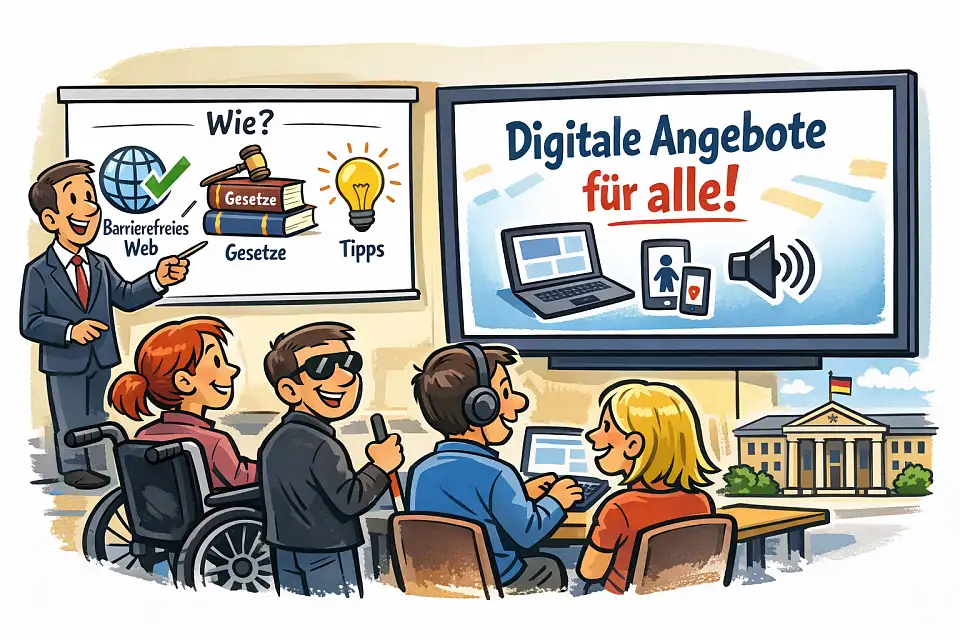 Eine Person erklärt vor einer Präsentation, wie digitale Angebote barrierefrei gestaltet werden können. Auf den Tafeln stehen Begriffe wie Barrierefreies Web, Gesetze und Tipps sowie Digitale Angebote für alle. Im Publikum sitzen verschiedene Menschen, darunter eine Person im Rollstuhl, eine Person mit Blindenstock und eine Person mit Kopfhörern. Alle nutzen gemeinsam digitale Geräte.