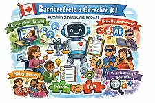 Farbenfrohe Cartoon-Illustration zu barrierefreier und gerechter KI: Ein freundlicher Roboter mit Herzsymbol hält eine Waage und eine Checkliste. Um ihn herum stehen diverse Menschen mit und ohne Behinderungen (z. B. Rollstuhl, Hörhilfen, Assistenzsymbole), die gemeinsam mit Technologie arbeiten. Banner zeigen die Prinzipien Barrierefreie Nutzung, Keine Diskriminierung, Mitbestimmung und Verantwortung & Kontrolle. Oben ist die kanadische Flagge mit dem Titel Barrierefreie & Gerechte KI (ASC-6.2).