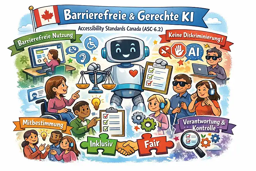 Farbenfrohe Cartoon-Illustration zu barrierefreier und gerechter KI: Ein freundlicher Roboter mit Herzsymbol hält eine Waage und eine Checkliste. Um ihn herum stehen diverse Menschen mit und ohne Behinderungen (z. B. Rollstuhl, Hörhilfen, Assistenzsymbole), die gemeinsam mit Technologie arbeiten. Banner zeigen die Prinzipien Barrierefreie Nutzung, Keine Diskriminierung, Mitbestimmung und Verantwortung & Kontrolle. Oben ist die kanadische Flagge mit dem Titel Barrierefreie & Gerechte KI (ASC-6.2).