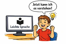 Ein junger Mann sitzt vor einem Monitor und ruft freudig Jetzt kann ich es verstehen. Auf dem Monitor steht Leichte Sprache.