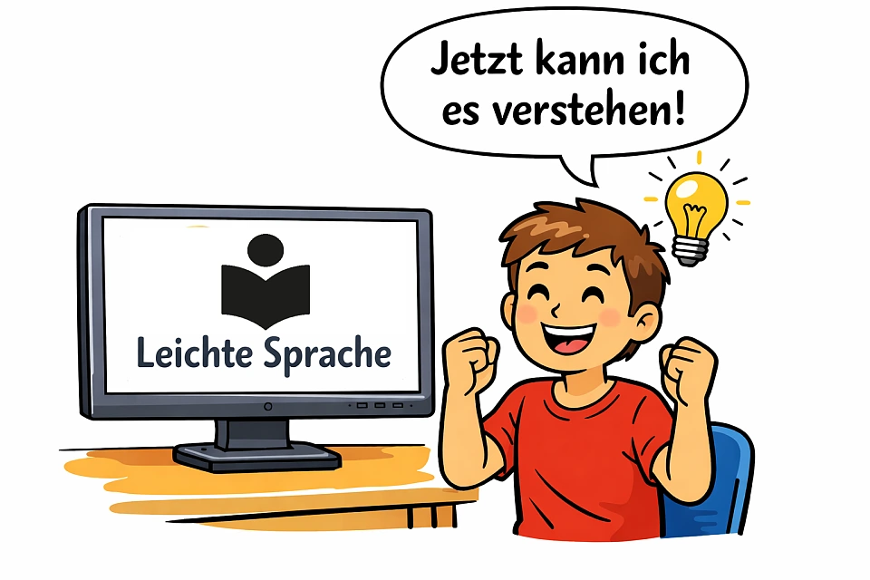 Ein junger Mann sitzt vor einem Monitor und ruft freudig Jetzt kann ich es verstehen. Auf dem Monitor steht Leichte Sprache.