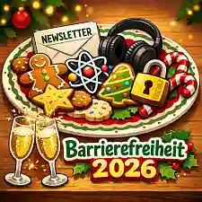 Cartoonhafte Weihnachtsillustration: Auf einem bunten Teller liegen Kekse und Zuckerstangen zusammen mit Symbolen für digitale Themen – ein Umschlag mit der Aufschrift Newsletter, Kopfhörer für Podcasts, ein Atom-Symbol sowie ein Schloss für Passwörter und Verschlüsselung. Vor dem Teller stehen zwei prickelnde Sektgläser. Darunter ist der Schriftzug Barrierefreiheit 2026 zu sehen, umgeben von weihnachtlicher Dekoration.