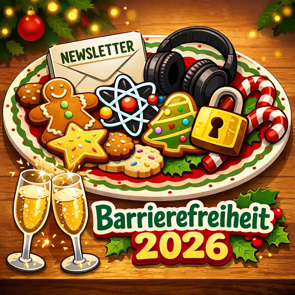 Cartoonhafte Weihnachtsillustration: Auf einem bunten Teller liegen Kekse und Zuckerstangen zusammen mit Symbolen für digitale Themen – ein Umschlag mit der Aufschrift Newsletter, Kopfhörer für Podcasts, ein Atom-Symbol sowie ein Schloss für Passwörter und Verschlüsselung. Vor dem Teller stehen zwei prickelnde Sektgläser. Darunter ist der Schriftzug Barrierefreiheit 2026 zu sehen, umgeben von weihnachtlicher Dekoration.