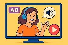 Eine Person mit Kopfhörern in einem Video mit AD-Logo für Audiodeskription in der linken oberen Ecke
