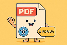 Ein PDF-Icon mit Gesicht winkt fröhlich, auf seinem Bauch ein Icon für Barrierefreiheit und PDF/UA-Kennzeichnung 