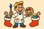 Ein fröhlicher Kunstmaler mit bunter Palette in der Hand und Nikolausstiefeln gefüllt mit Zuckerstanden zu seinen Füßen