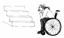 Zeichnung einer Frau im Rollstuhl die vor einer Treppe steht.