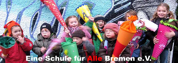 Eine Schule für Alle Bremen e. V. - mehrere Kinder mit Schultüten vor einer bunten Graffitiwand