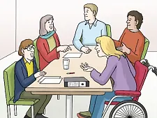 Menschen sitzen an einem Tisch. Sie unterhalten sich.