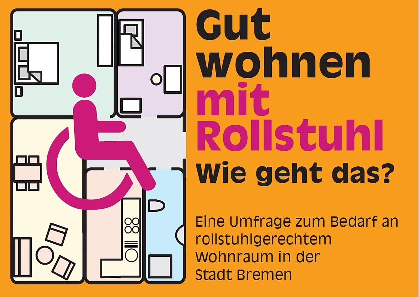 Man sieht die Vorderseite des Flyers mit der Aufschrift Gut wohnen mit Rollstuhl - Wie geht das?