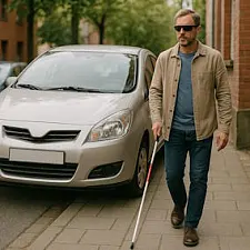 Ein Mann mit Sonnenbrille und Blindenstock läuft auf einem sehr engen Gehweg neben einem parkenden Auto vorbei