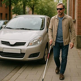 Ein Mann mit Sonnenbrille und Blindenstock läuft auf einem sehr engen Gehweg neben einem parkenden Auto vorbei