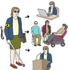 Menschen mit unterschiedlichen Behinderungen mit Blindenstock oder im Rollstuhl 