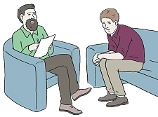 Zwei Menschen sitzen auf Sesseln. Einer hält ein Stück Papier in der Hand der andere sieht traurig aus.