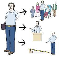 Ein Mensch mit verkürztem Arm zeigt auf eine Rampe und steht am Rednerpult