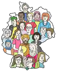 Die Umrisse einer Deutschlandkarte, gefüllt mit unterschiedlichen Gesichtern 