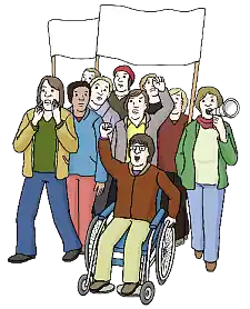 Ein Mann im Rollstuhl und viele andere Menschen hinter ihm protestieren mit Plakaten und Megaphonen