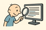 Cartoon: Ein Männchen mit großer Lupe schaut auf einen Bildschirm.
