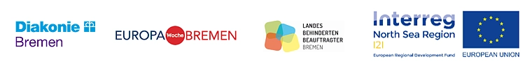Logos der Veranstalter Diakonie Bremen, Europawoche Bremen. LBB Bremen, Interreg North Sea Region