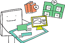 Zeichnung einer Box, die ein Tablett mit Digitalen Angeboten trägt, im Hintergrund Bücher