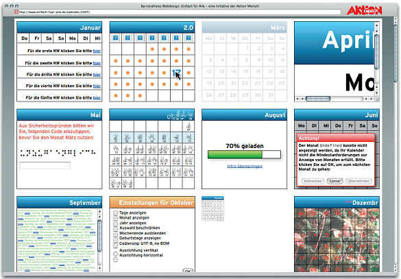 Kalender mit 12 Monaten, für jeden Monat ist eine andere Barriere die bei der Nutzung von Online-Kalendern auftreten kann, visualisiert. Mangelnde Kontraste, abgeschnittene Texte, nicht ausgezeichnete Tage, viele hier-Links etc.