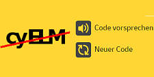 Auf dem Bild ist eine Captcha-Buchstabenfolge zu sehen, daneben zwei Buttons Code vorsprechen und Neuer Code