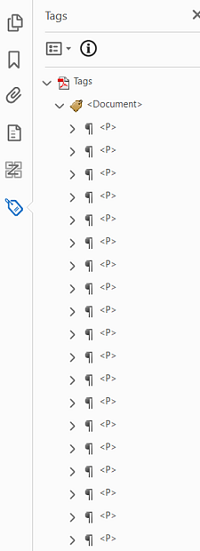 Ansicht des PDF-Tag-Baums Eine lange Liste von Absatz-Tags