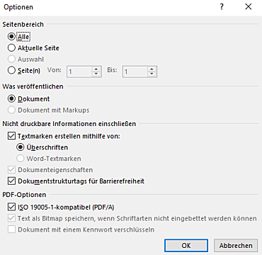 Screenshot Einstellungen PDF-Optionen